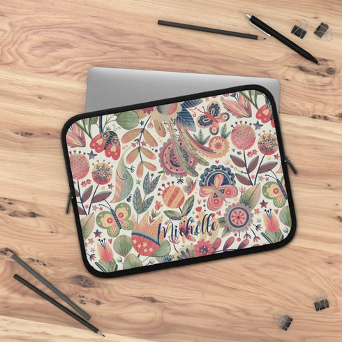 Floral Butterflies Custom Name Laptop Sleeve